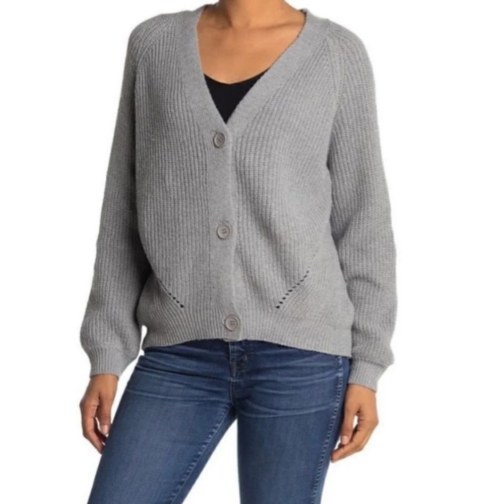 BB Dakota Ladies Gray V Neck Button Up Cardigan Sweater - Ladies Size Small
